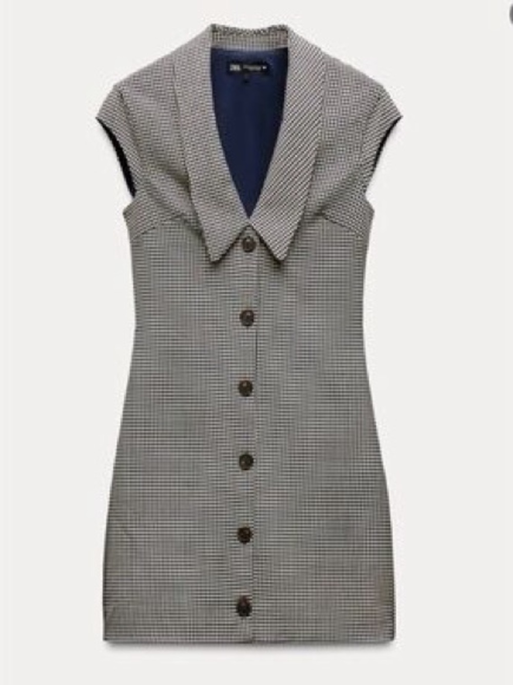 NEW! ZARA Houndstooth Check Tailored Mini Dress Button-Front Brown Navy XL